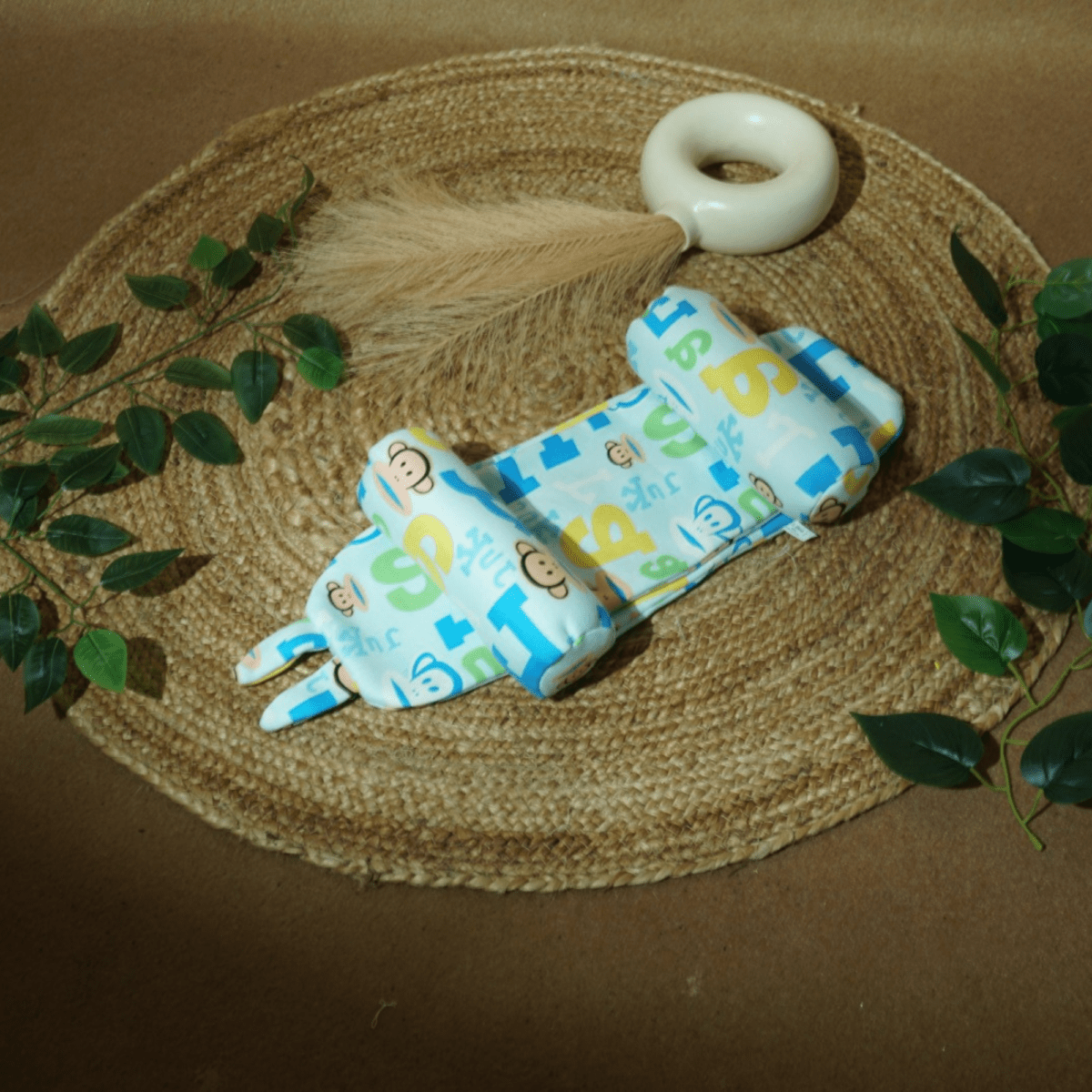 Baby sleeping essentials, carry nest for newborns, muslin baby bedding, baby head support for stroller, prevents flat head syndrome, super soft cotton baby pillow.Gentle Blue Alphabet Infant Head Shaper & Neck Pillow